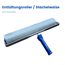 Entlüftungsroller, Bodenbeschichtungs Set - 50 cm Stachelwalze mit Bügel, Mikrofaserwalze, Teleskopverlängerung, Großflächenrakel & Nagelschuhe