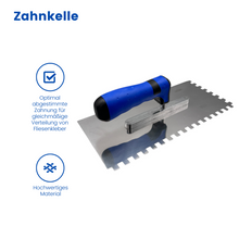 zahnkelle, zahnspachtel, fliesenleger werkzeug, kleber auftragen fliesen, spachtel für fliesenkleber, fliesenkelle, zahnung 6x6mm, fliesenkleber verteilen werkzeug, renovierung werkzeug

