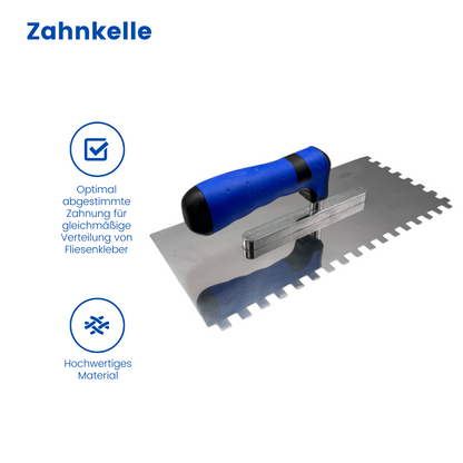 zahnkelle, zahnspachtel, fliesenleger werkzeug, kleber auftragen fliesen, spachtel für fliesenkleber, fliesenkelle, zahnung 6x6mm, fliesenkleber verteilen werkzeug, renovierung werkzeug

