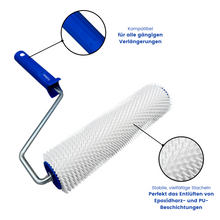 stachelwalze 25cm mit bügel, entlüftungswalze für epoxidharz, igelwalze 11mm nagellänge, nivellierrroller für bodenbeschichtung, nagelroller für ausgleichsmasse, entlüftungsroller mit metallbügel, stachelwalze boden glätten, walze gegen luftblasen im bodenharz