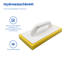 hydrowaschbrett, waschbrett fliesenleger, schwammauflage fliesen, fliesen reinigen werkzeug, fugen abwaschen hilfsmittel, hydro schwamm fliesenlegen, fliesenleger werkzeug schwamm, waschbrett mit griff