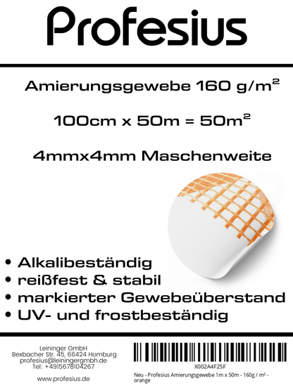 Armierungsgewebe Putzgewebe 1m x 50m 160g/m² 4x4mm